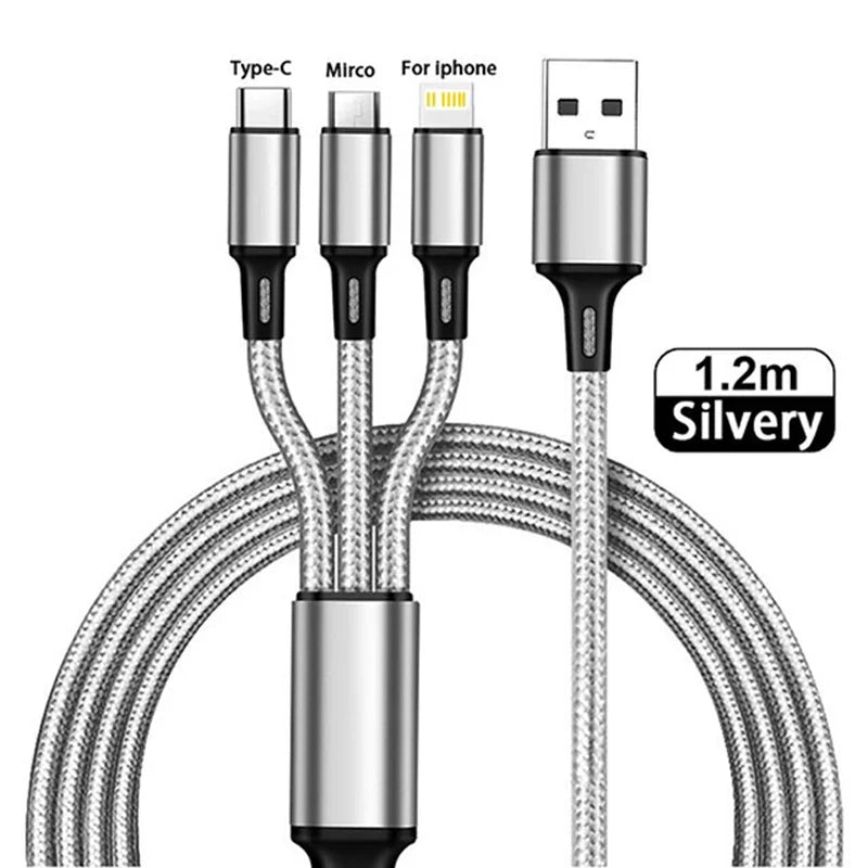 3 In 1 USB Charger Fast Charging Cable Type C Micro IOS Multi Charger Cable for iPhone Huawei Samsung Nylon Braided Cord