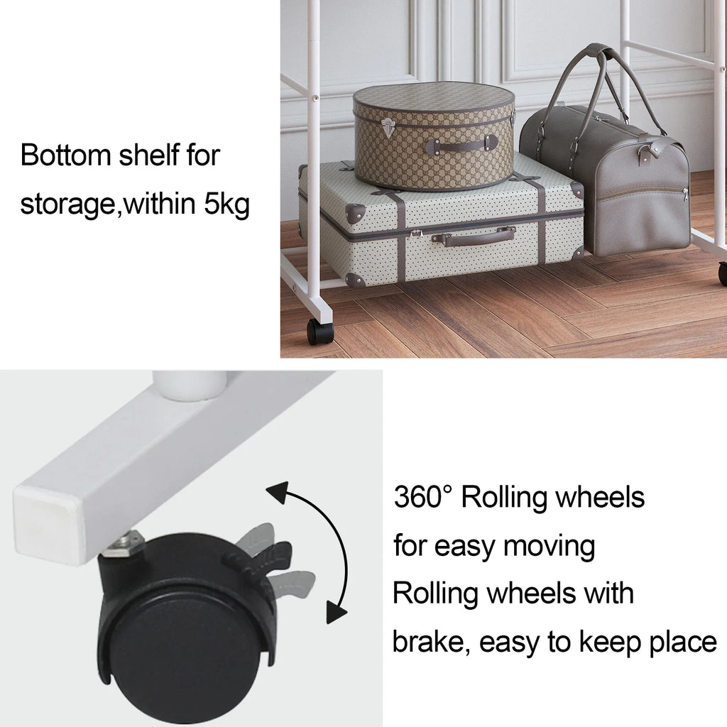 Heavy Metal Clothing Garment Rack, Cloth Hanger, Display Rack Stand with Wheel and Storage, Two Top Rod