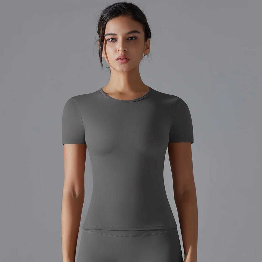 Women Running Sports T Shirt Summer Short Sleeve Round Neck Breathable Stretchy GYM Yoga Slim Fitness Active Top Tee