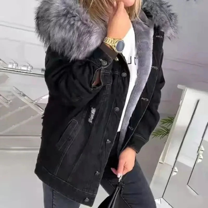 Women's Winter Large Size Denim Warm Jacket