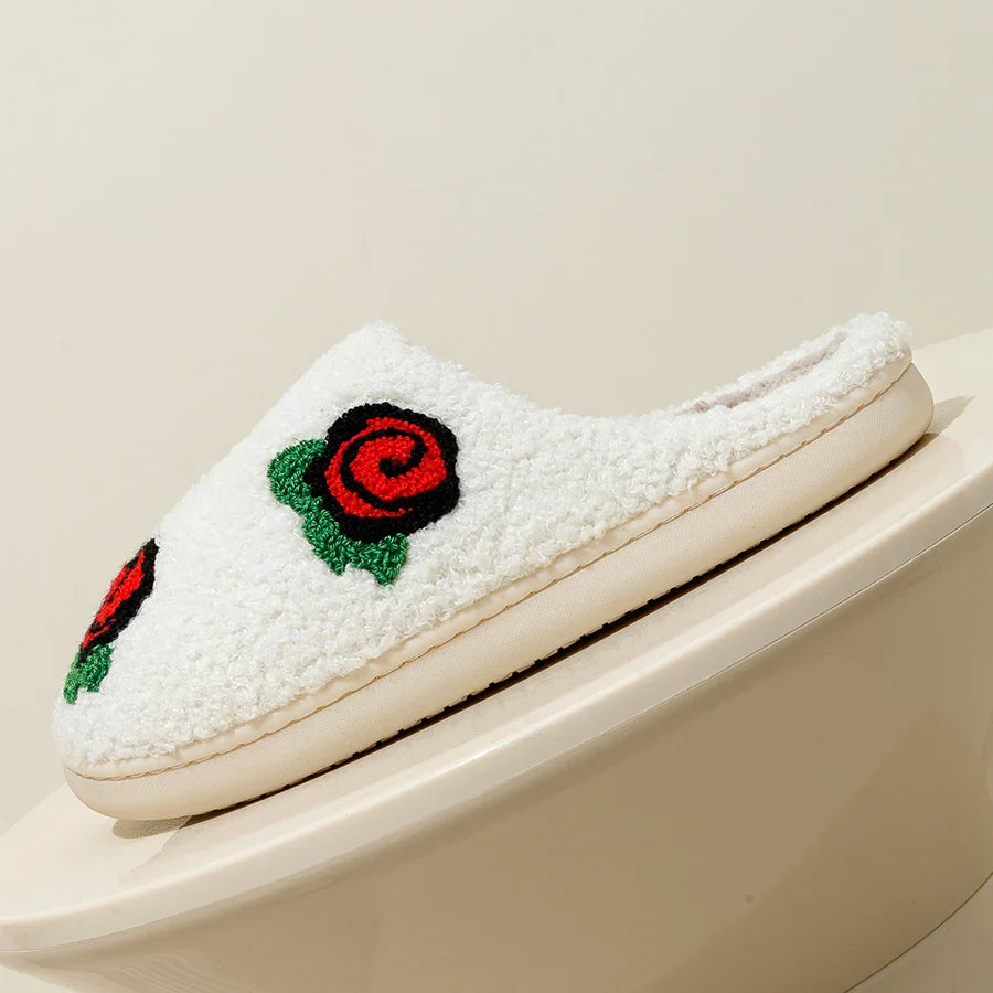 Women's Slippers Valentine's Day Rose Embroidery Fuzzy Romantic Love Comfy Flat Girl Valentine Gift Winter Home Shoes