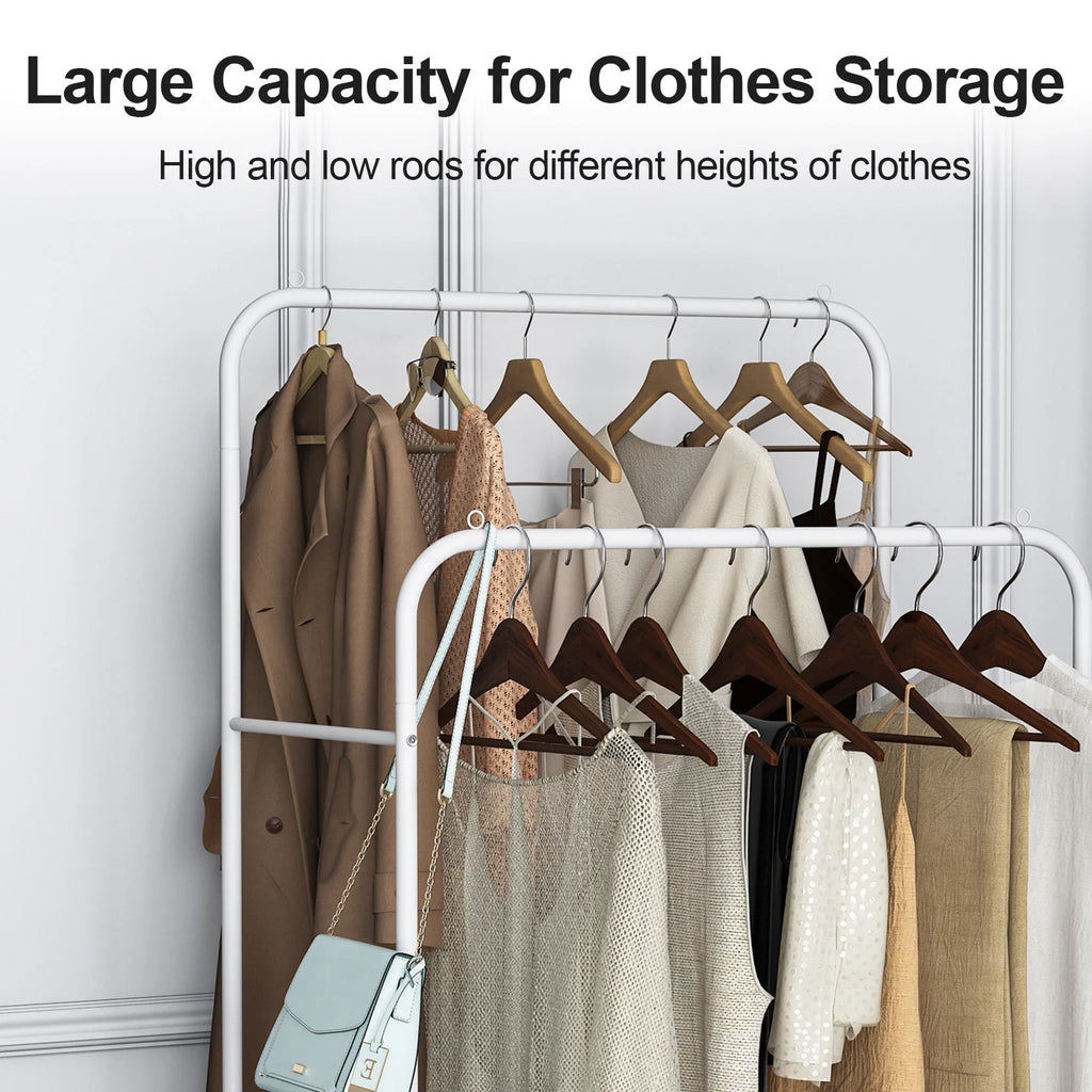 Heavy Metal Clothing Garment Rack, Cloth Hanger, Display Rack Stand with Wheel and Storage, Two Top Rod