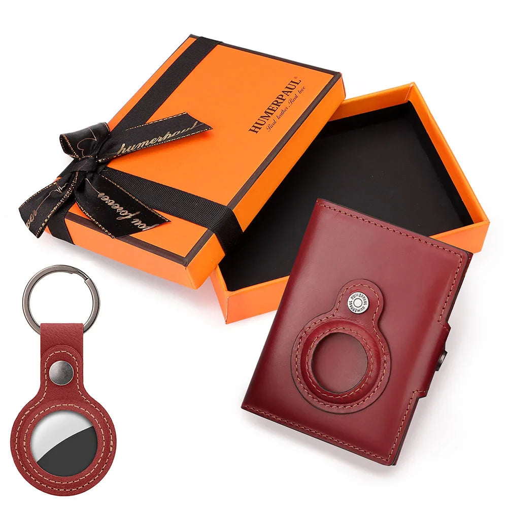 Anti-scan Magnet Credit Card Holder Wallet Genuine Leather Automatic Pop Out Aluminum Smart Wallets Luxury AirTag Purse Set