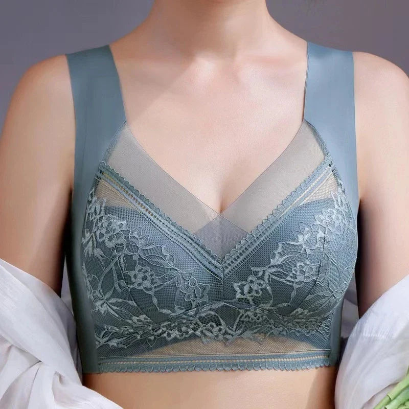 Sexy Lace Bras for Women Perspective Full Cup Solid Color Brassiere V-Neck Seamless Crop Top Female Push Up Breathable Lingerie
