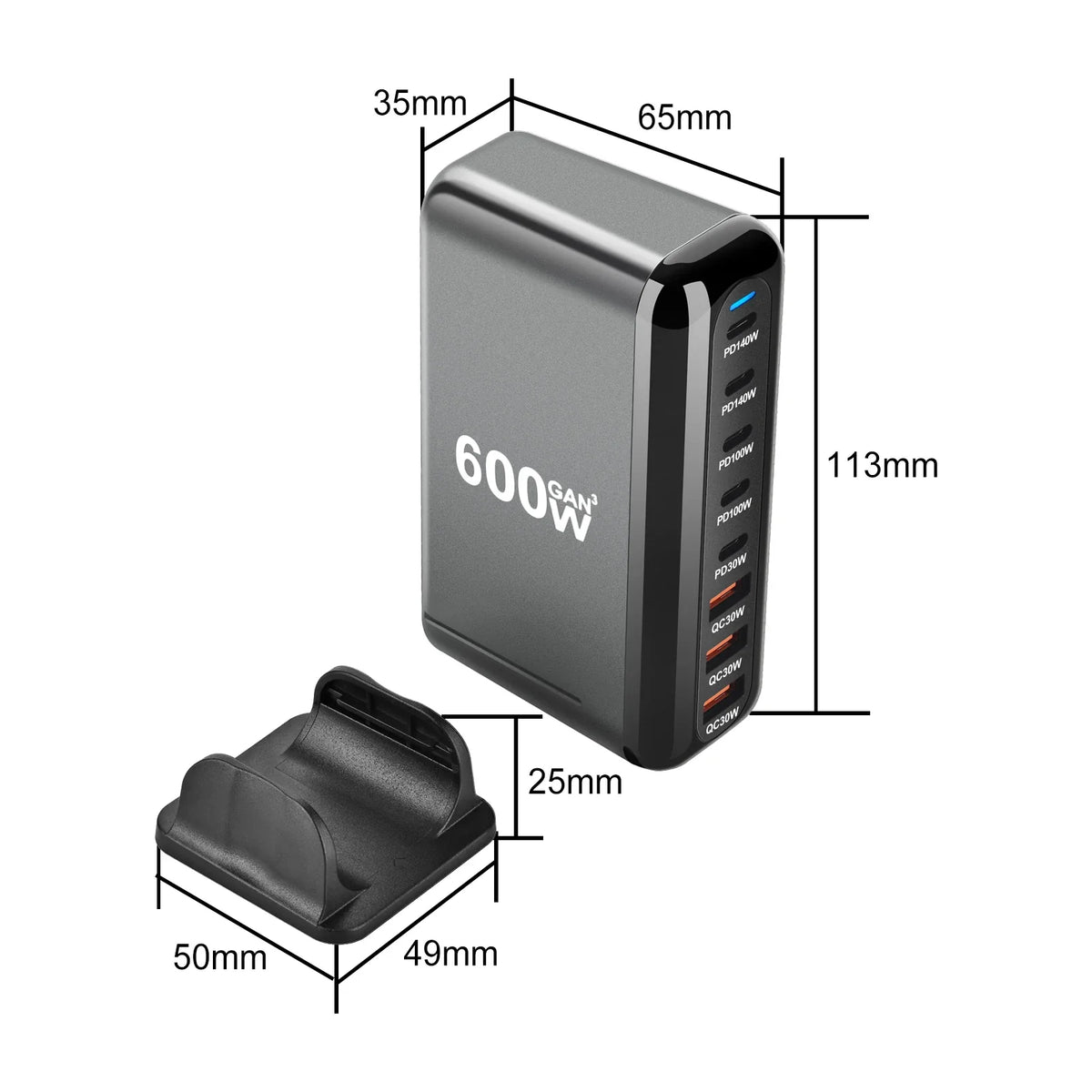 New 600W GaN Fast Charge 3.0 USB Type C Fast Charger with 8 Ports, 5C3A PD Charger for Phones and Tablets, Portable Design