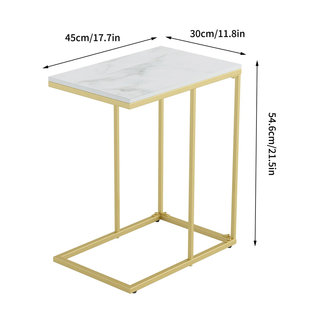 Marble Side End Table, C Shaped Couch, Coffee Table, Slide Under Sofa Bed, Indoor Gold Metal Frame