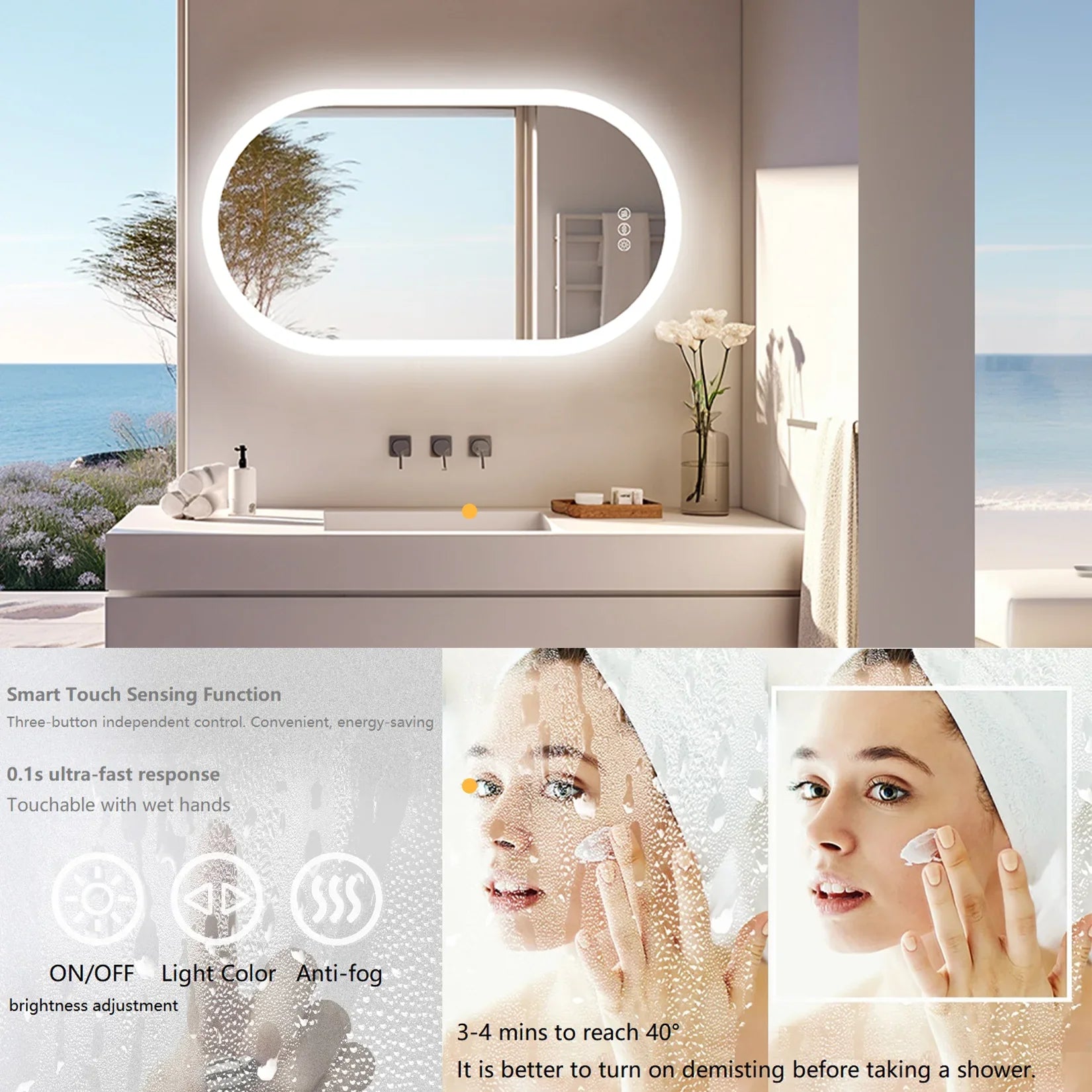 3 Sizes Oval LED Bathroom Mirror Dimmable 3 Colors Light Smart Anti Fog Wall Mounted Vanity Mirror Plug/Hardwire Install