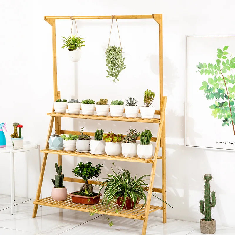 Folding Bamboo Plant Stand, Flower Pot Shelf, Multi-Use for Greenhouse Indoor and Outdoor, 3 Tier