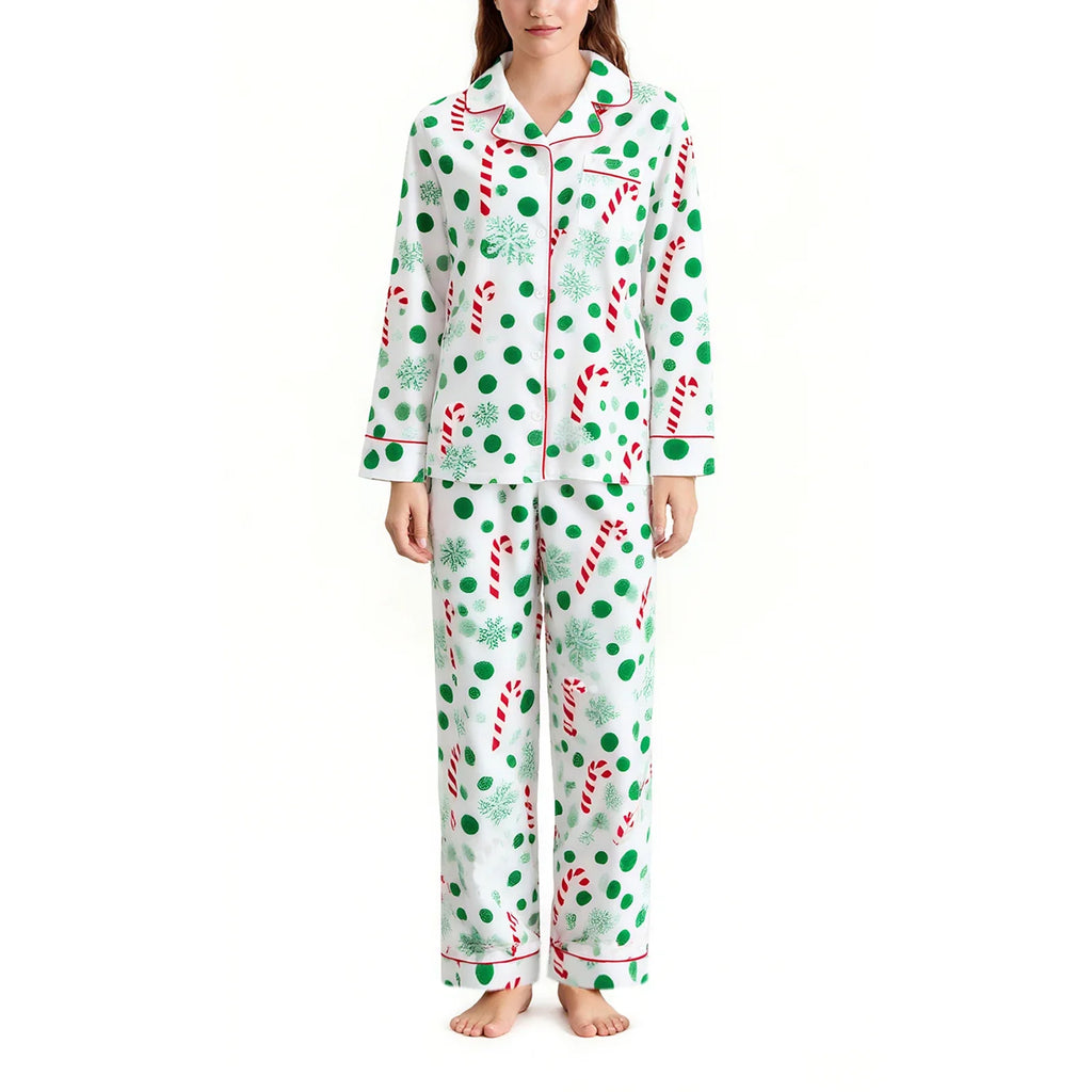 Women's Satin Pajama Set Santa Claus Print Long Sleeve Button up Shirt And Pants for Christmas Loungewear