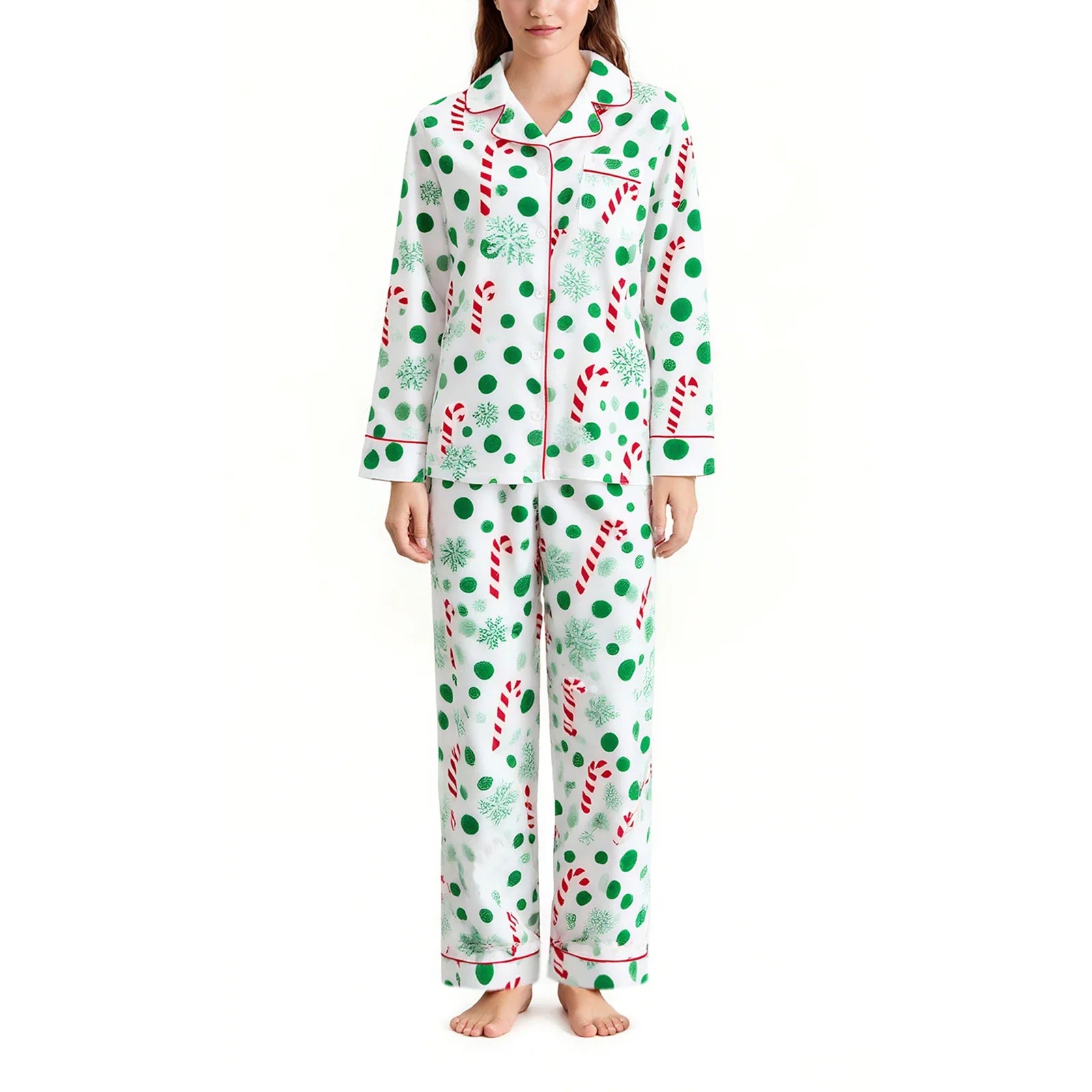 Women's Satin Pajama Set Santa Claus Print Long Sleeve Button up Shirt And Pants for Christmas Loungewear