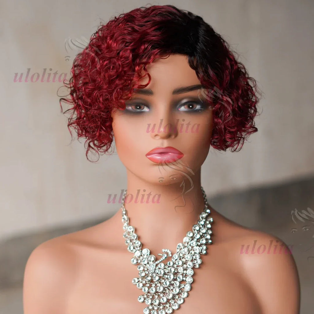 Ombre Blonde T1B27Pixie Cut Short Curly Bob Side Part Non Lace Front 100%