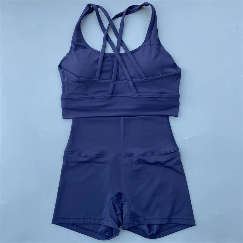 Solid Color gym bike Yoga Set short Legging +cross sport bra Tracksuit  Athletic Women Gym Suit Comprehensive Training Jogging