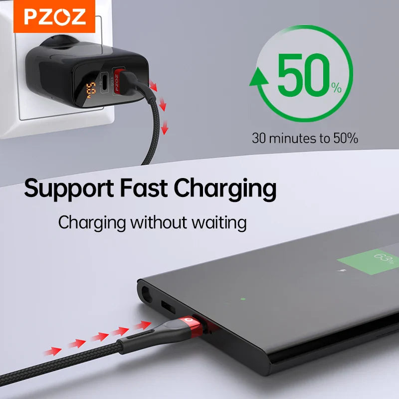 PZOZ USB Type C Cable Fast Charging Wire Data Cord USB C Cable 2M 3M For Samsung Xiaomi Mi Redmi Mobile Phone USBC TypeC Charger