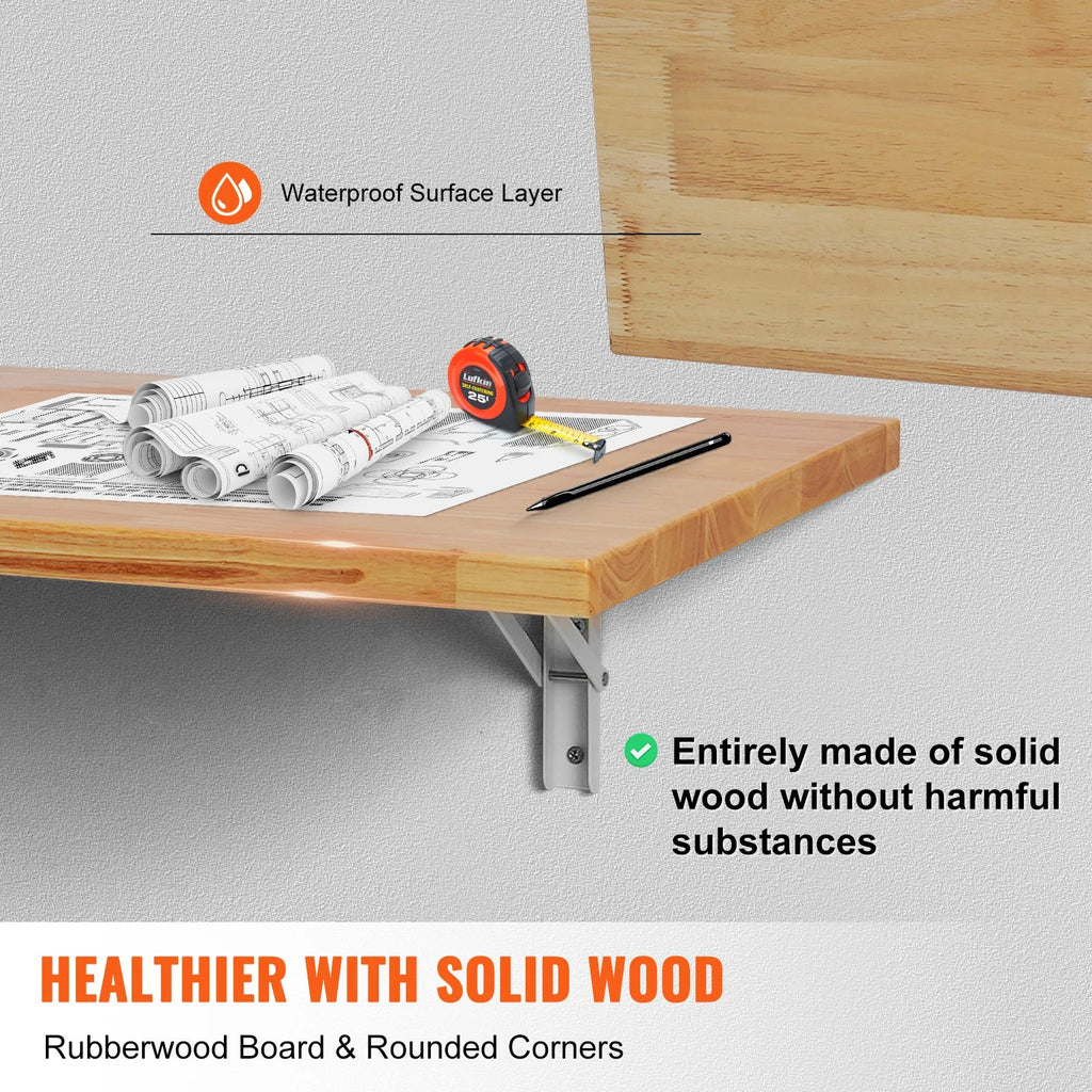 VEVOR Wall Mounted Folding Table, Wall Mount Drop Leaf Table, Wooden Floating Desk with Iron Bracket, Fold Down Desk for Spaces