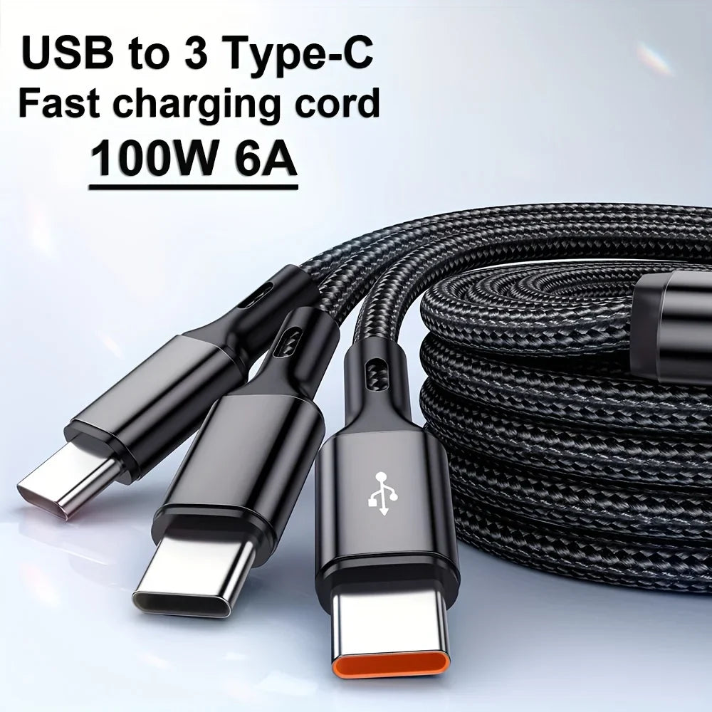 3 In 1 100W 6A USB-A to 3 ×Type-C Fast Charging Data Cable For Samsung S24 Xiaomi Huawei Android Phone USB C Data Transfer Cord