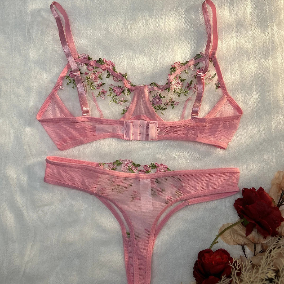 Pink Sexy Lingerie Woman Lace Transparent Underwear Fairy Embroidery Brief Sets Delicate Bra Panties Kits Erotic Breves Sets