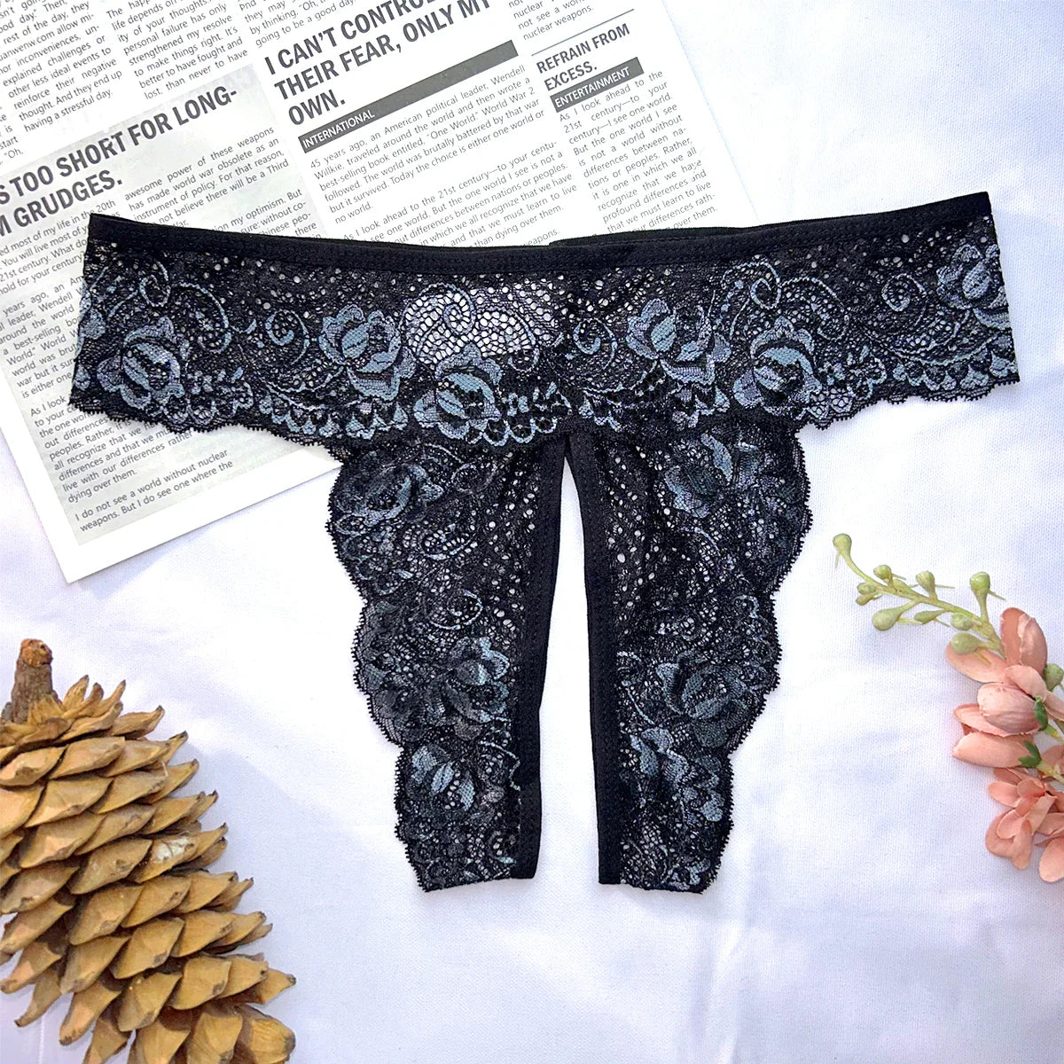 Transparent Lace Romantic Floral Thong Soft & Seductive Open Crotch Women's Underwear Sexy G-string Comfortable Female Lingerie