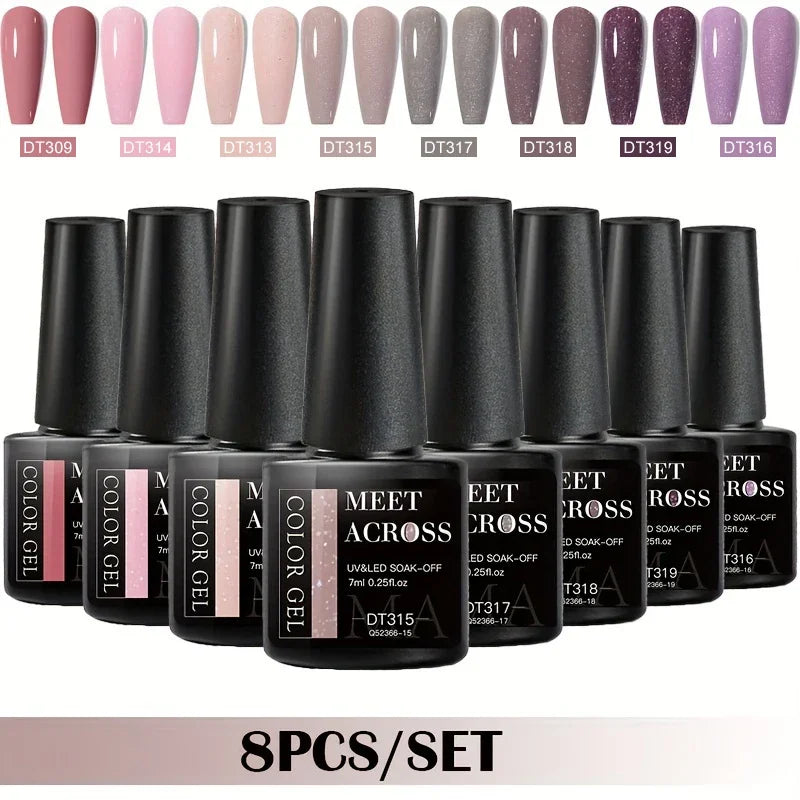 MEET ACROSS 8Pcs/Set Gel Nail Polish Set for All Season Neon Marcaron Green Red Series UV Gel Varnish Manicure Kit Nail Supplies