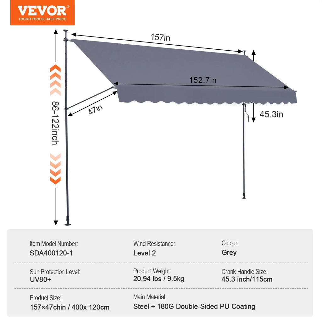 VEVOR Patio Awning Retractable Awning Sunshade Shelter with Manual Crank Handle Outdoor Canopy Sunsetter Deck for Balcony Yard