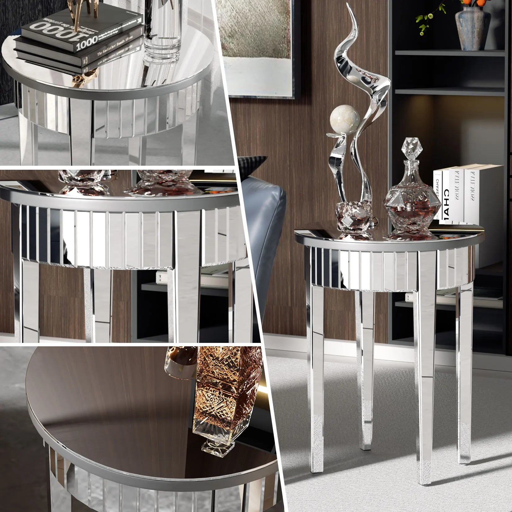 Mirrored Side End Table with Geometric Legs, Modern Furniture for Hallway, Living Room and Bedroom