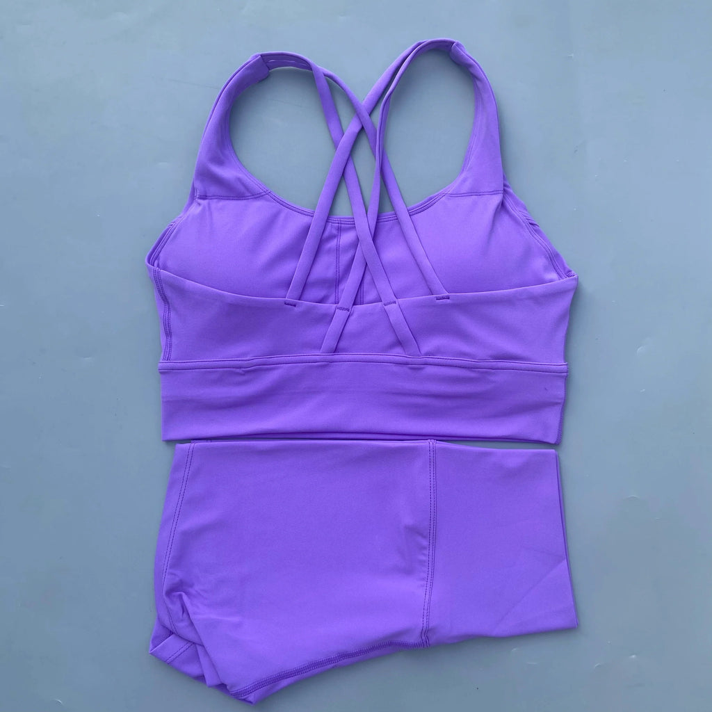 Solid Color gym bike Yoga Set short Legging +cross sport bra Tracksuit  Athletic Women Gym Suit Comprehensive Training Jogging