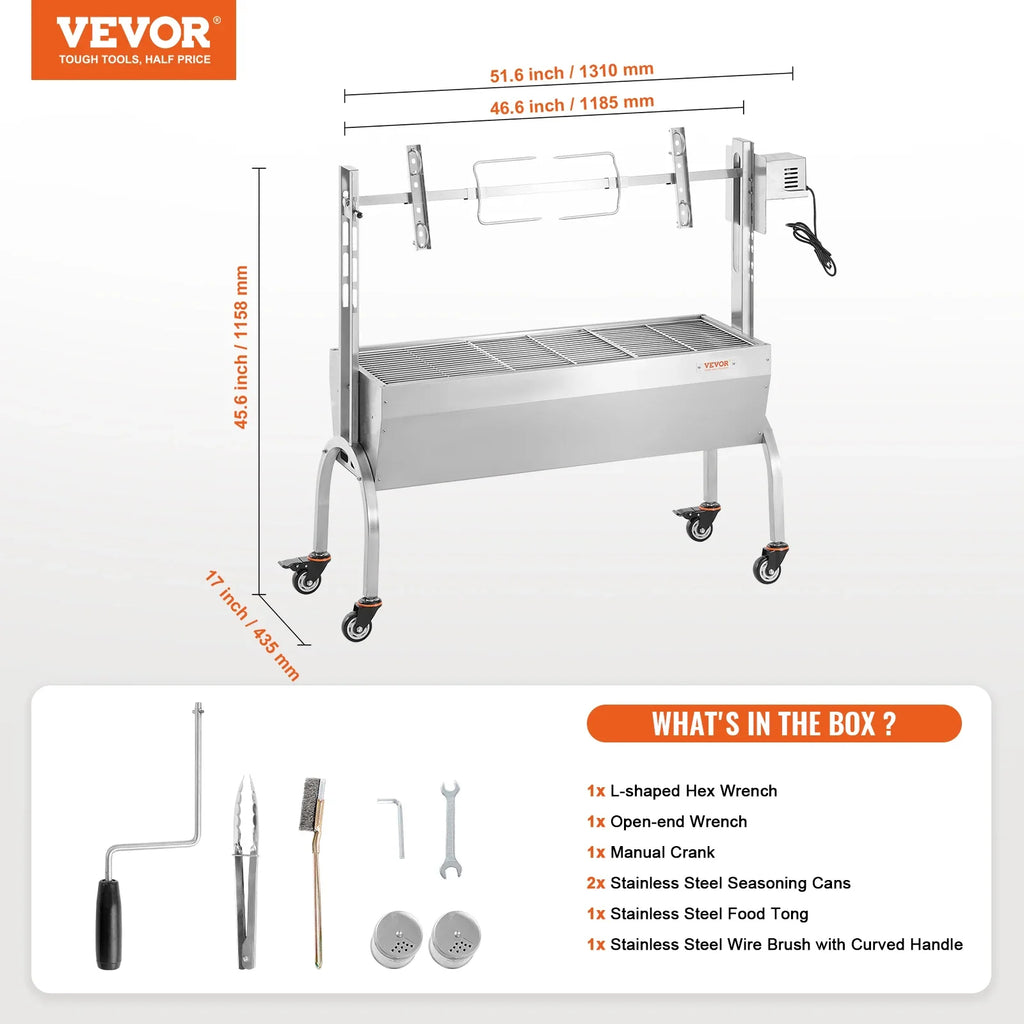 VEVOR 46inch Rotisserie Grill with Windscreen Charcoal Spit Grill 132 Lbs Capacity Stainless Steel Roaster with Lockable Wheels