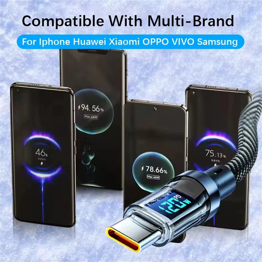NNBILI New 120W LED Digital Display Quick Charge USB Type C Cable For Samsung Xiaomi POCO Redmi Huawei Fast Charging Data Cord