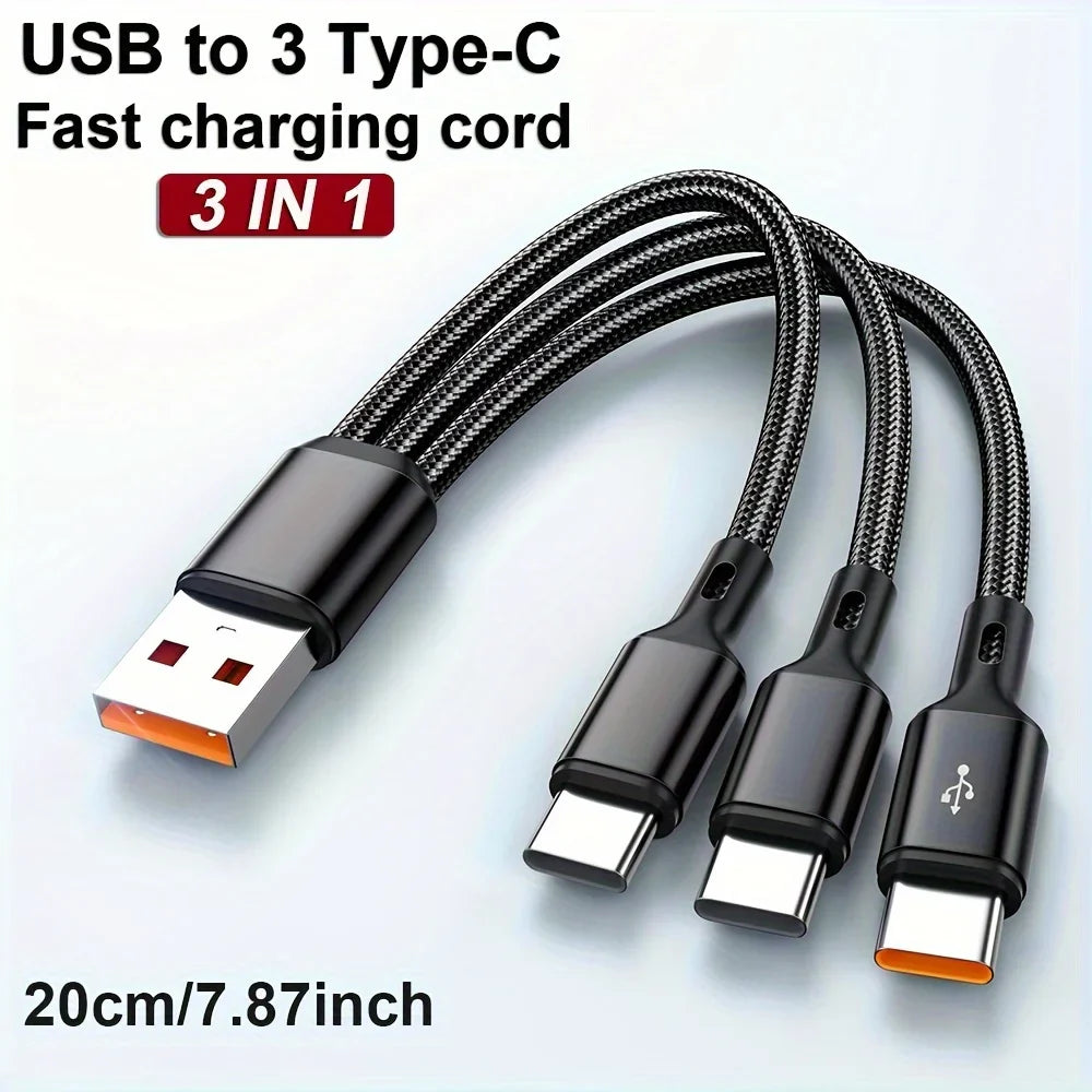 3 In 1 100W 6A USB-A to 3 ×Type-C Fast Charging Data Cable For Samsung S24 Xiaomi Huawei Android Phone USB C Data Transfer Cord