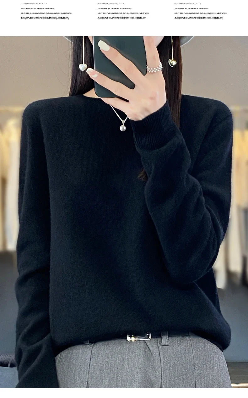 100% Merino Wool Women’s Sweater – Soft Cashmere-Feel O-Neck Pullover, Autumn/Winter Warm Knit Top (14 Colours)