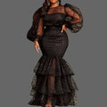 Women's Polka Dot Sheer Organza O Neck Long Lantern Sleeve Ruffles Dress