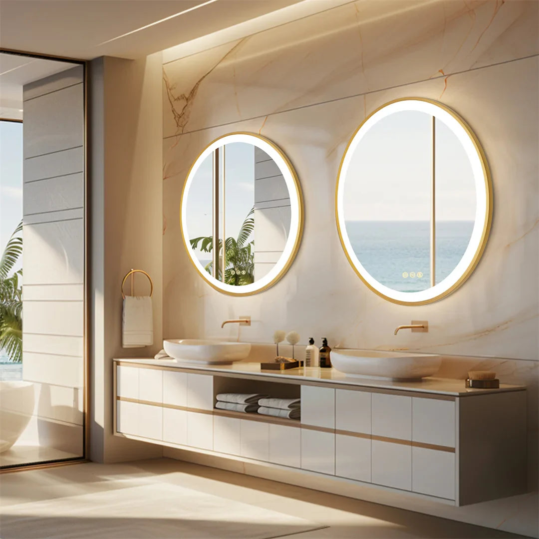 LUVODI 24 Inch Gold Frame Round Bathroom Mirror with Lights Illuminate Wall Vanity Mirror 3 Color Dimmable Anti-Fog Smart Mirror