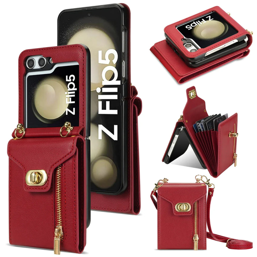 Zipper Wallet Crossbody  Phone Case for Samsung Galaxy Z Flip 6 5 4 3 Flip6 Flip5 Flip4 Flip3 5G with Card Holder Leather Cover
