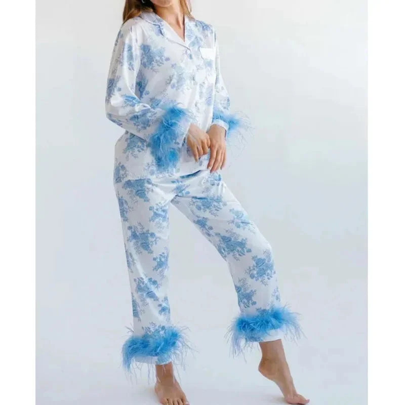 Women's Christmas Tree Plaid Satin Print Pajama Set Autumn Winter Home Sleepwear Long Sleeve Ankle-Length Pants Mid-Waist