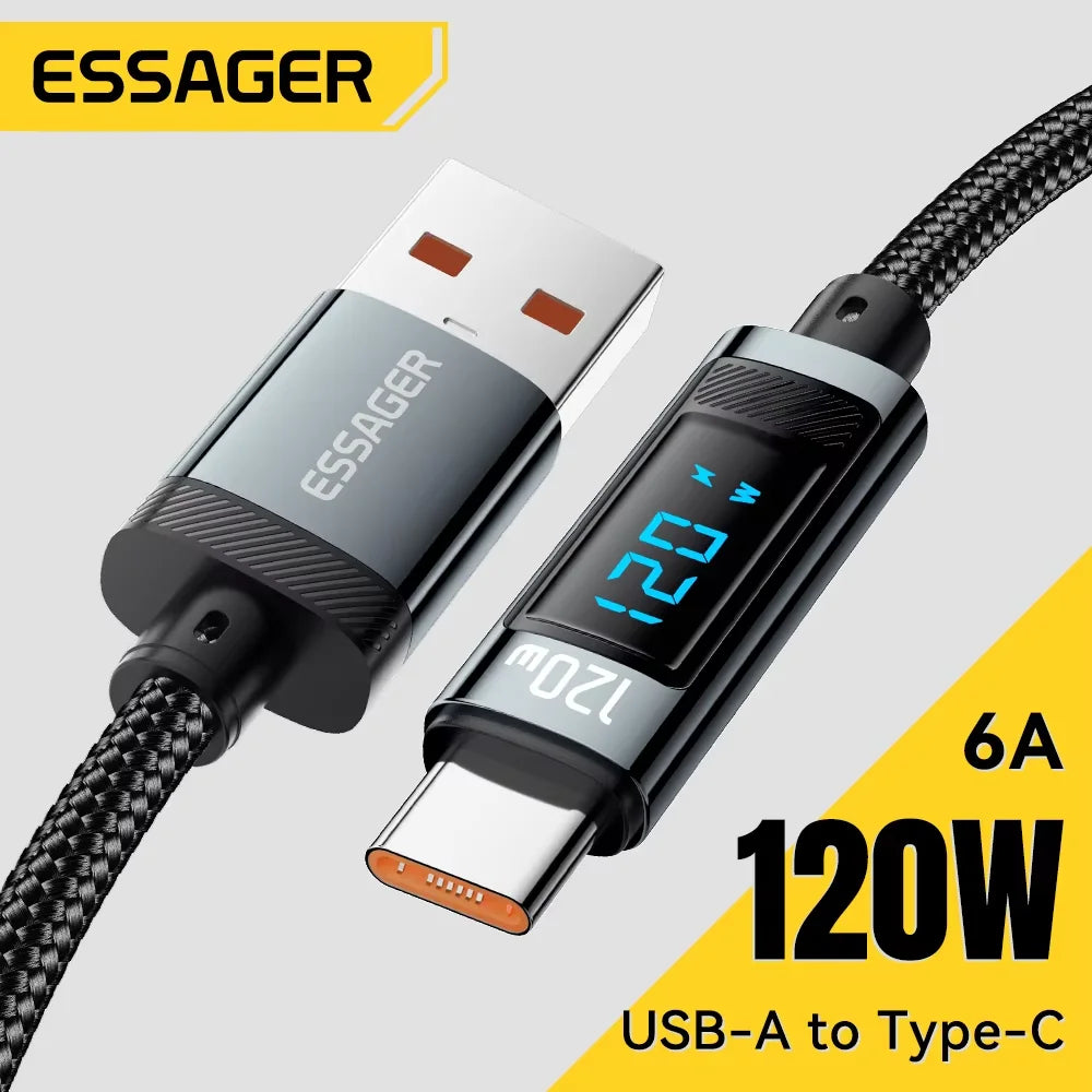 Essager 120W USB  Type C Cable Fast Charging USB C Charger Cord For For iPhone 15 14 13 12 Huawei With Led Digital Display Cable