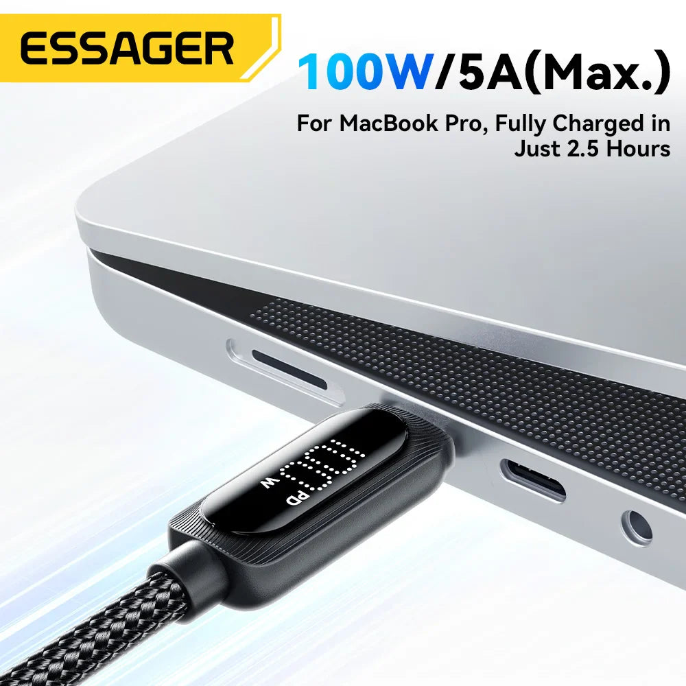 Essager USB Type C To USB C Cable 100W 5A PD Fast Charging  Wire Cord For Macbook Xiaomi Samsung Type-C Digital Display Cable 3Ｍ