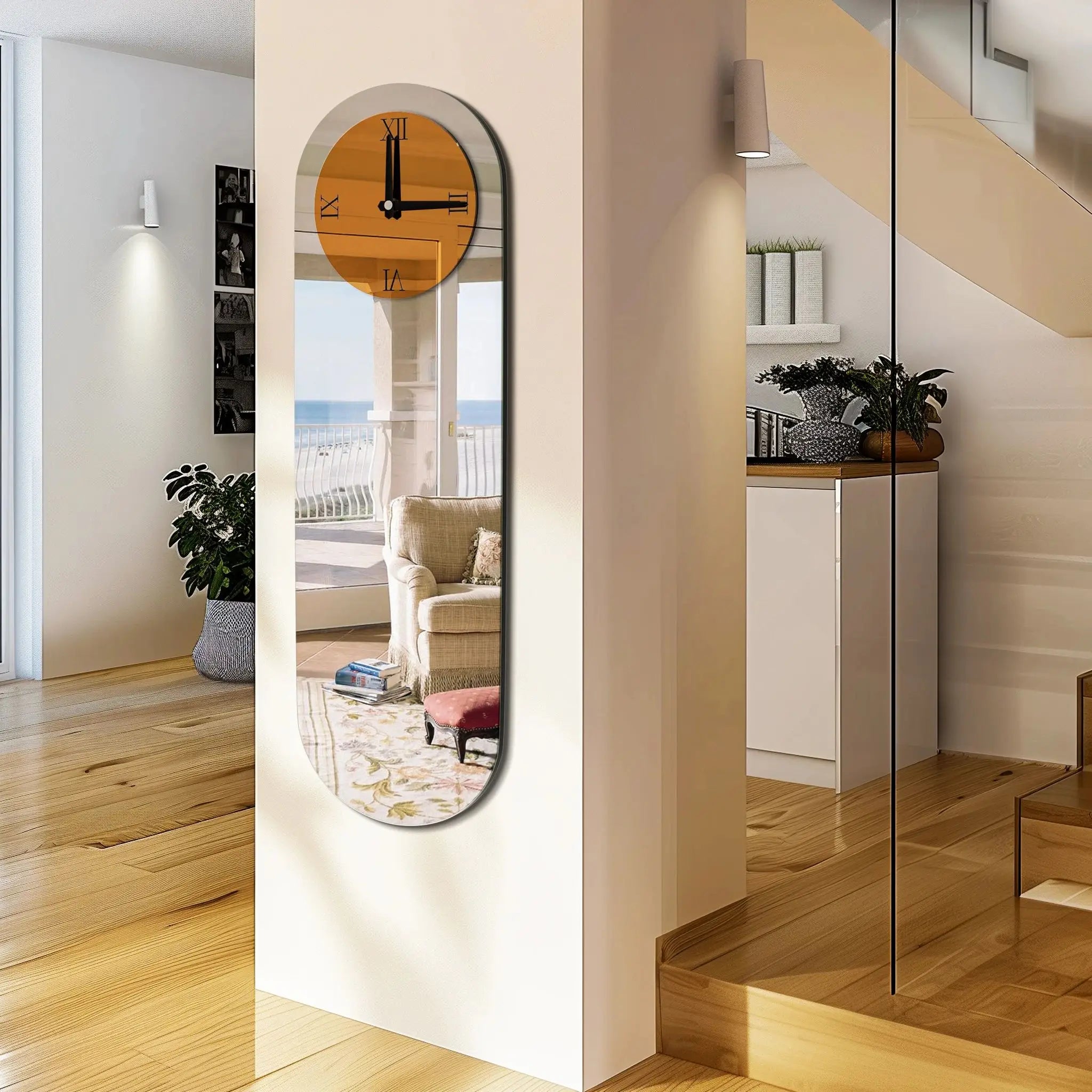 Long Oblong Brown Tinted Wall Clock with Silver Mirrored Modern Decorative Clock Roman Numerals for Living Room