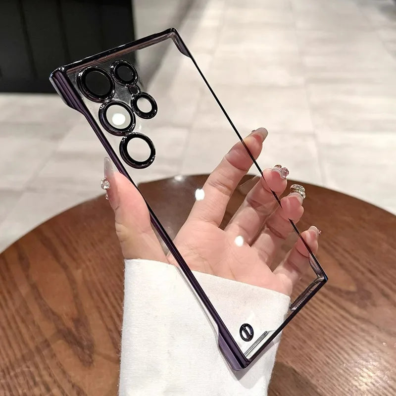Luxury Plating Frameless Case For Samsung S25 S24 Ultra S23 S22 Ultra Transparent Camera Lens Film Protection Shockproof Cover