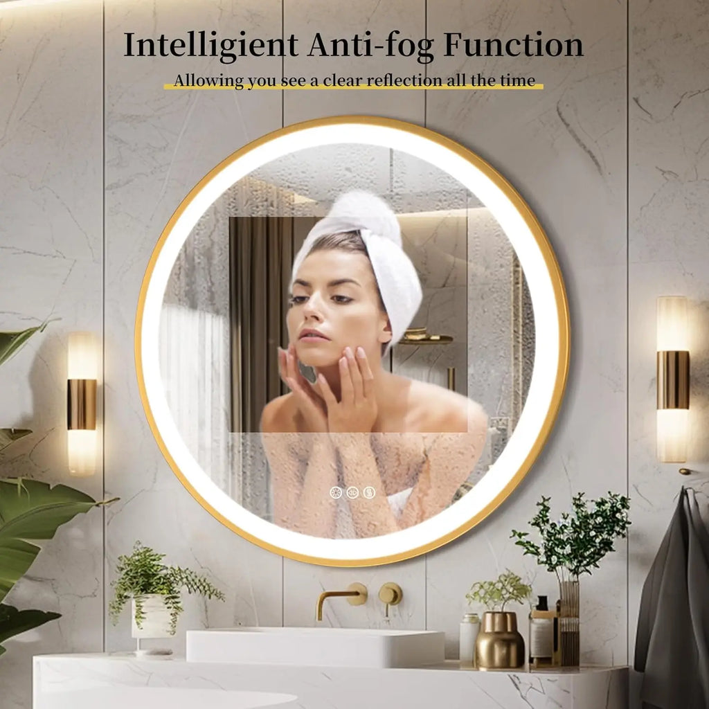 Bathroom Mirror with LED 60/80cm Round Illuminated Wall Mirror Aluminum Gold Frame Anti-fog 3 Lighting Color Memory Function