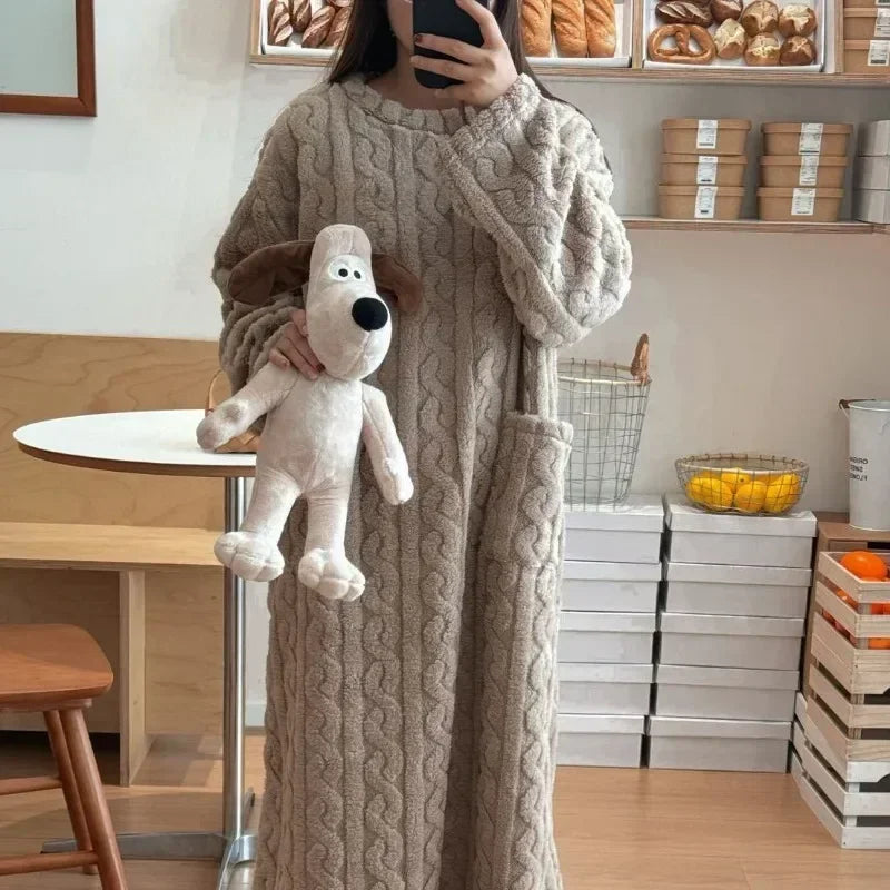 Women’s Fleece Nightgown – Long Sleeve Thick Warm Wearable Blanket Dress