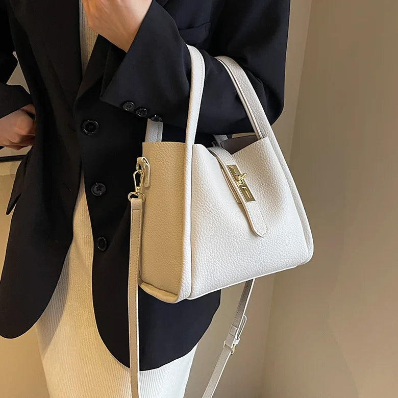 Luxury PU Leather Bucket Bag for Women Large Capacity Handbag with Inner Bag Double Handle Magnetic Closure Shoulder Bag Satchel