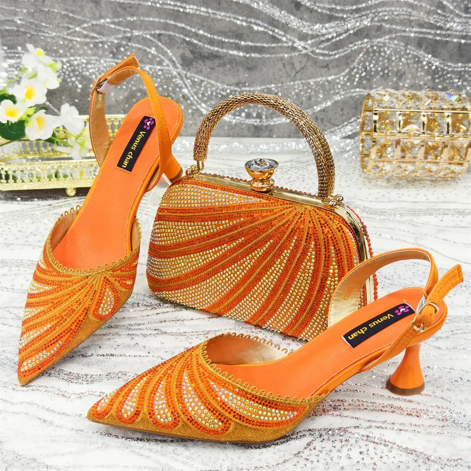 Women's Italian Diamond Studded Shoes and Bag Matching Set