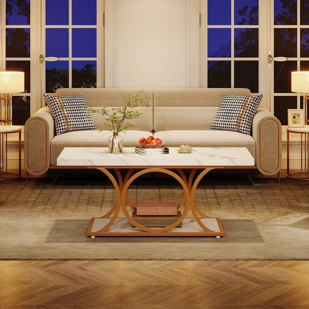 Tribesigns Rectangle Coffee Table, 47.24-inch Modern Coffee Tables for Living Room, 2-Tier Faux Marble Wood Coffee Table