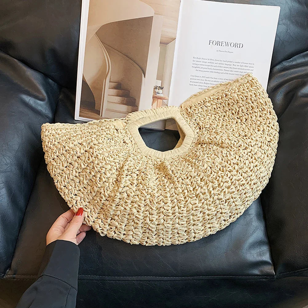 Women Handmade Straw Tote Bag Large Capacity Bohemia Moon Handbag Solid Color Simple Weaving Wrist Bag Summer Beach Bag