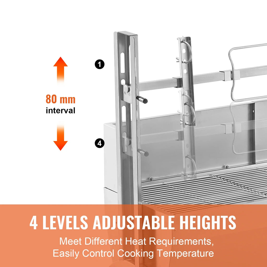 VEVOR 46inch Rotisserie Grill with Windscreen Charcoal Spit Grill 132 Lbs Capacity Stainless Steel Roaster with Lockable Wheels