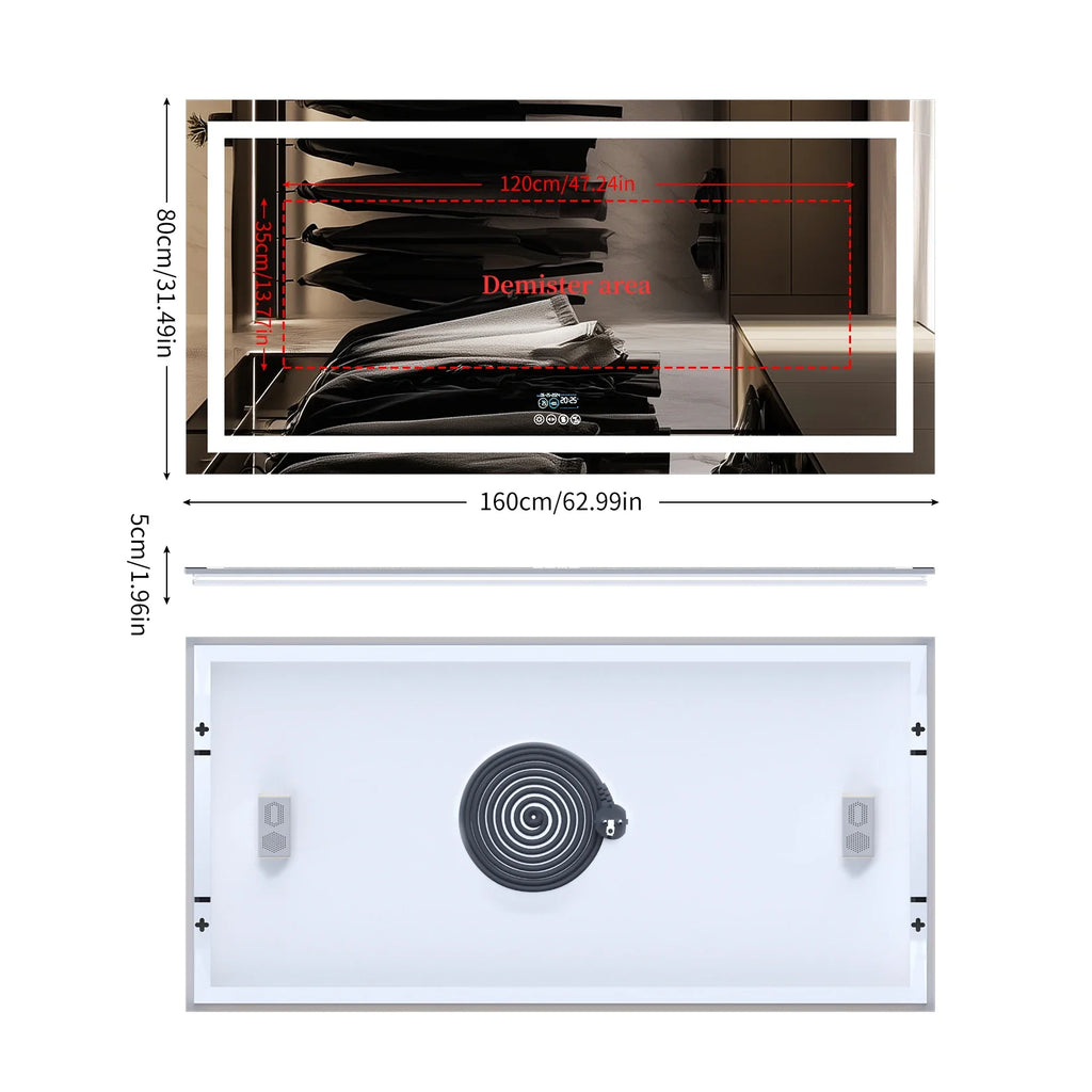 Extra Long Rectangle LED Bathroom Mirror with Bluetooth Speaker Front-lit and Backlight Vanity Mirror Smart Anti-fog