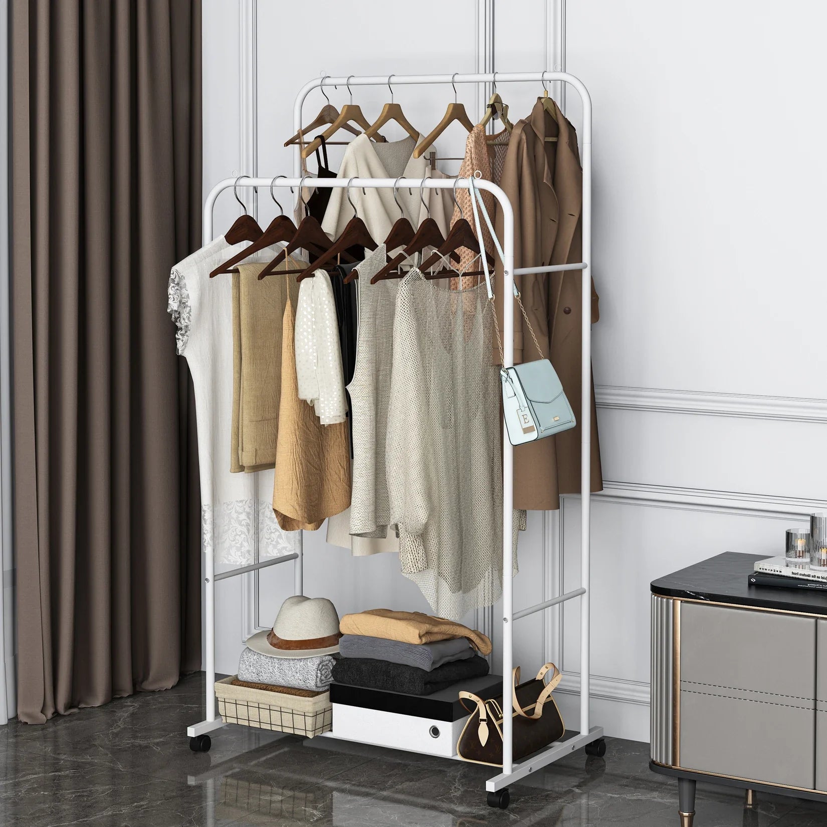 Heavy Metal Clothing Garment Rack, Cloth Hanger, Display Rack Stand with Wheel and Storage, Two Top Rod