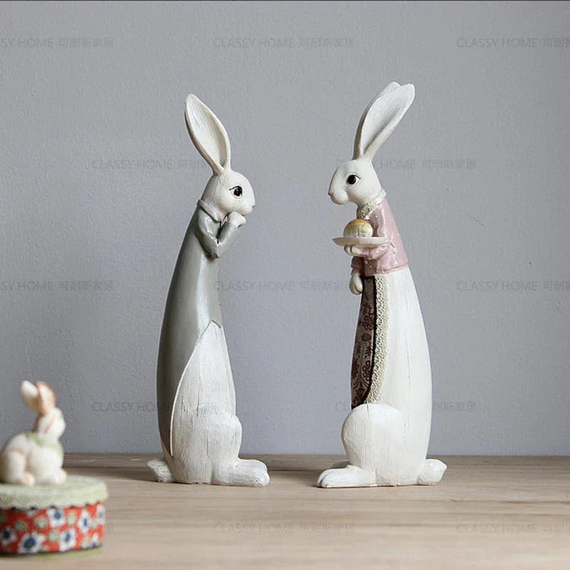 Country Rabbit Couple Ornaments – Hand-Painted Resin Figures for Easter or Year-Round Rustic Home Décor
