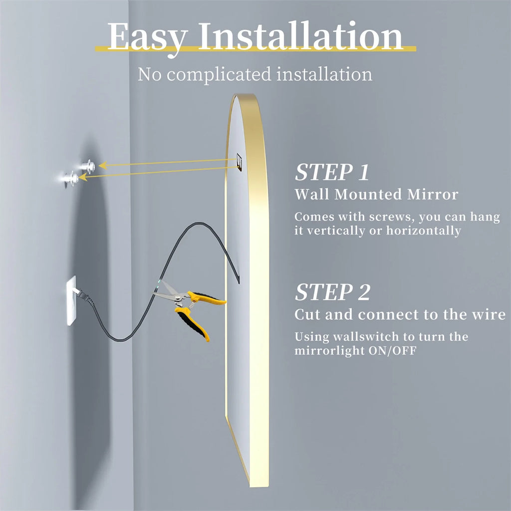 Gold Bathroom Mirror with Lights 36" LED Backlit Arch Wall Mirror Brushed Frame Touch Antifog 3 Colors Lights Adjust