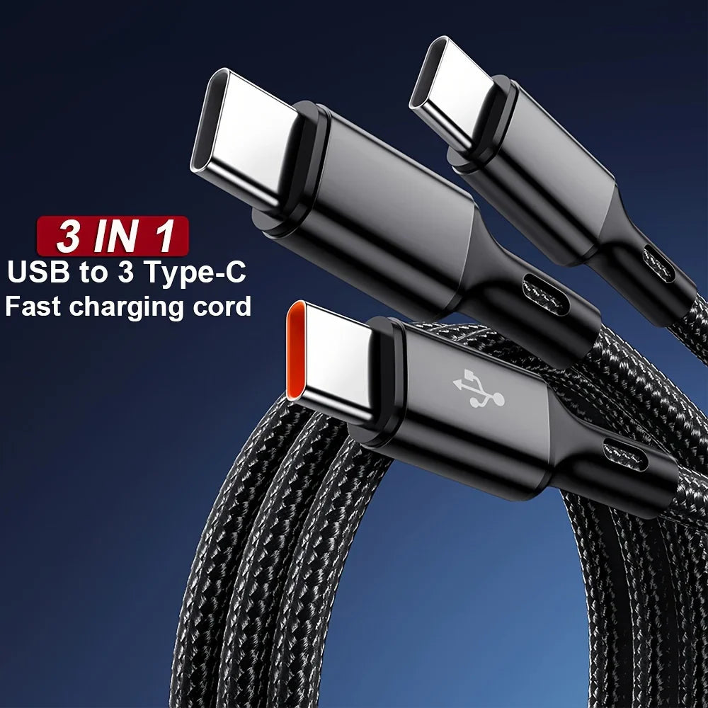 3 In 1 100W 6A USB-A to 3 ×Type-C Fast Charging Data Cable For Samsung S24 Xiaomi Huawei Android Phone USB C Data Transfer Cord