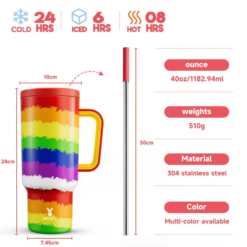 Meoky Cup 40oz Large Tumbler Straw Cup with Lid leak-proof Sainless Steel Vacuum Insulated Car Mug Water Bottle Pride Month